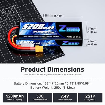 Zeee 2S Lipo Battery 7.4V 5200mAh 50C Battery with XT60 Plug (2 Pack)