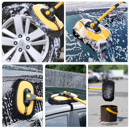 43'' Car Wash Brush with Long Handle Chenille Microfiber Car Wash Kit Mitt Retractable Bent Pole Car Wash Mop for Cars RV Truck Boat (yellow-01) - color: Yellow-01