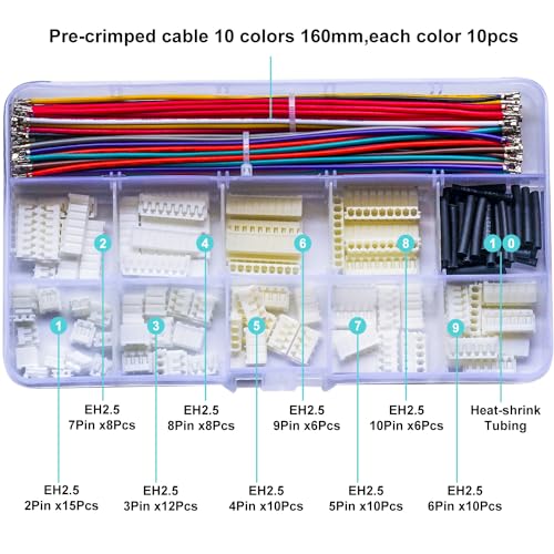 JST 2.54mm Connector with 22AWG Pre-Crimped Wire Kit, JST EH 2.54 2.54MM 2Pin 3Pin 4Pin 5Pin 6Pin 7Pin 8Pin 9Pin 10Pin Housing with 22AWG Wires for PCB Board & Electronics (JTS-2.5-EH) - size: 2.5MM-EH