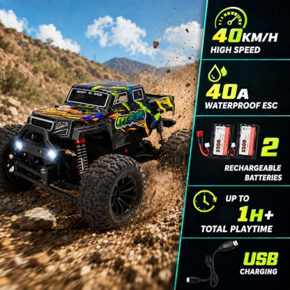 1:18 4WD RC Monster Truck 40 KMH All Terrain Off-Road RC Cars Dual Motors | 40A ESC Fast RC Car with 2 Batteries 60 Mins Runtime High Speed Radio Controlled Car for Adults Boys