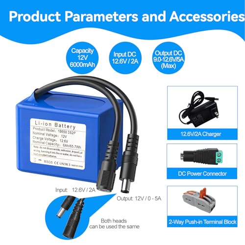 12V 6000mAh Lithium Ion Battery Pack with 2A Fast Charger, DC5521 Output for Security Cameras, CCTV Systems, LED Strips, Routers, Radios, Telescopes, DIY Projects, 6Ah Rechargeable 12-Volt Battery