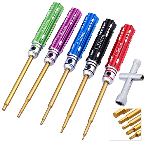 Small RC Hex Driver Set - 5pcs Hex Allen Screwdriver Kit 0.9mm 1.27mm 1.3mm 1.5mm 2.0mm and Cross Wrench Repair Tools for Axial SCX24 RC Car Little Models