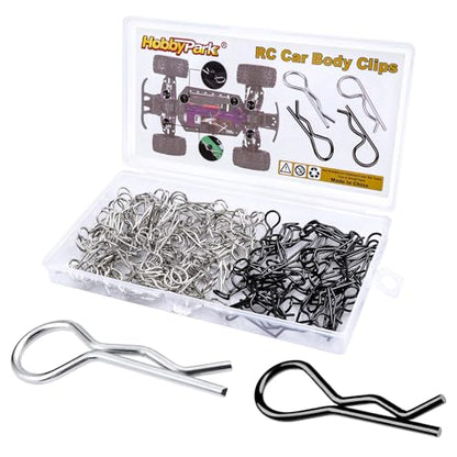 HobbyPark 150 Pieces Universal Bent RC Body Clips Car Clips Silver & Black R Clips for All 1/10 1/12 Scale Redcat HPI Tamiya HSP Exceed RC Car Parts Truck Buggy Shell Replacement