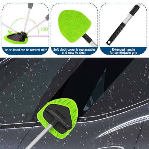 Car Wash Brush with Long Handle, Windshield Cleaning Tool, Car Washing Mop Kit Mitt Sponge Car Cleaning Supplies Kit, Microfiber Towel Gloves Universal for Cars RV SUV Truck Office (Green) - color: Green