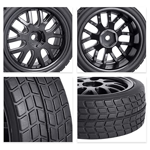 Pre-Glued OD 2.56" 12mm Hex Wheels Rims & Rubber Tires 26mm for 1/10 Scale On Road Racing Car Drift RC Touring Car, Set of 4 (Color D) - color: Color D