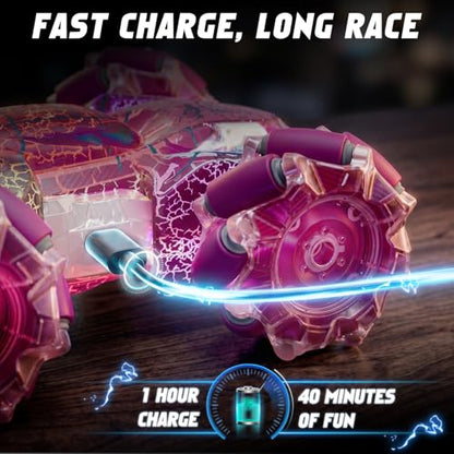 Gesture Sensing Remote Control Car Birthday Gift for Girl 3-12 | Double Sided RC Cars, Full-Body Light, 2.4GHz Hand Controlled, Rechargeable RC Stunt Car - color: Pink