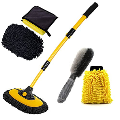 BMLEI Car Wash Brush with Long Handle, Chenille Microfiber Car Wash Kit | 15°Curved, Car Cleaning Brush with Extension Pole, Scratch-free,Exterior Car Wash Mop for Washing Roof Truck SUV Boat - color: 5pcs Yellow Mop Washing Set