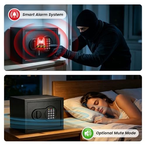 9.84'' Tall Small Safe Box, Home Safes with Removable Shelf | Fireproof Bag, Keys & Pass Code,Mini Fireproof Security Safe with Smart Alert and Wall Mount Kits for Money,Jewelry,Documents - size: 0.9 Cubic Feet