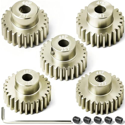 5Pcs 48P Aluminum Alloy Pinion Gear Set 3.175mm 23T 24T 25T 26T 27T Motor Pinion Gear W M4 Screw and Hex Key, Fit 3.175mm (1/8-Inch) Shaft, for Arrma HPI Kyosho Losi Axial Traxxas Tamiya 1/10 RC Car - size: 48P-P-3.175mm-23-27T