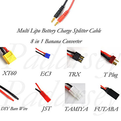 RC Lipo Battery Charger Adapter Connector Splitter Cable, 8 in 1 Octopus Convert Wire to 4.0mm Banana Plug for TRX, Tamiya, EC3, JST, Futaba, XT60, T- Dean