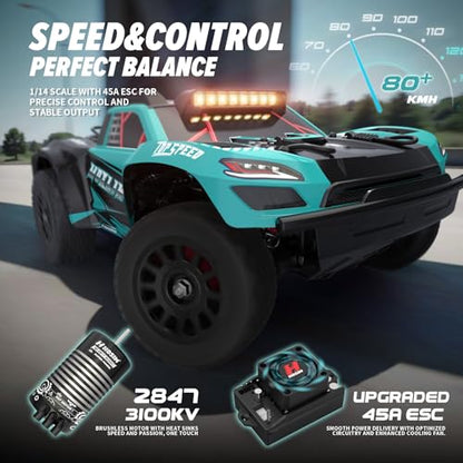 Hosim Brushless Fast RC Cars for Adults Max 50mph, 1/14 RTR 3S Electric Power 4x4 RC Truck All Terrain Off Road RC Car, Waterproof High Speed Hobby RC Remote Control Monster Trucks for Snow/Sand/Beach - color: Greenblue