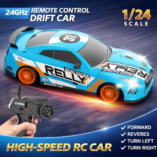 RC Drift Car Remote Control Car 2.4GHz 1:24 Scale 4WD 15KM/H High Speed Model Vehicle LED Lights Drifting Tire Racing Sport Toy for Adult Boys Girls Kids Gift 2Pcs Rechargeable Batterie - color: Light Blue