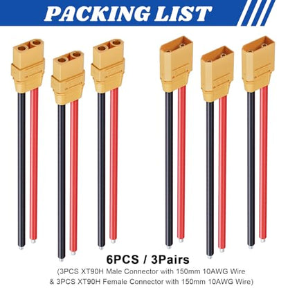 3 Pairs XT90 XT90H Connector Plug Cable, XT90H Plug Male and Female Connector 150mm 10AWG Silicon Wire for RC Lipo Battery FPV Racing Drone Car Boat - size: XT90H-15cm 10AWG