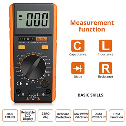 Proster LCR Meter Multimeter Capacitance Inductance Resistance Tester | 200pF-2000μF Capacitance, 200μH-20H Inductance, 200Ω-100kΩ Resistance. Rotatable LCD Data Hold Auto Power Off Zero Adj - color: Yellow