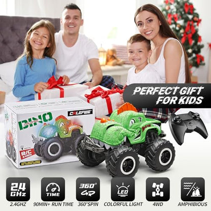 Amphibious Remote Control Car, 1:20 Waterproof Dinosaur Monster Trucks for Boys Age 4-7, 2.4GHz All Terrain RC Cars with 2 Batteries, 360° Rotating Stunt RC Car Toy Birthday Gift for Kids 3-5 - color: Kelly Dinosaur Truck