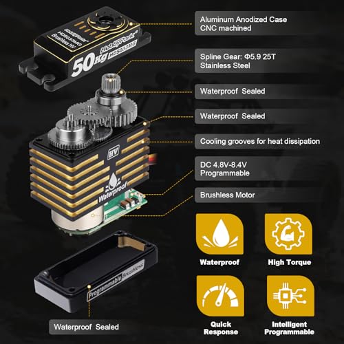 HobbyPark Waterproof 50KG High Torque RC Servo Brushless Motor 8.4V HV Servo Metal Gears Programmable for 1/7 1/8 1/10 1/12 RC Crawler RC Truck RC Car Buggy Robotic Control Angle 180°