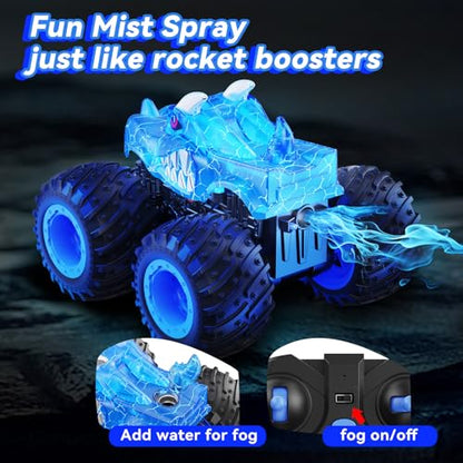 AUUGUU Remote Control Car, 2.4GHz Monster Trucks Toys with Light Spray, Birthday Gift for Kids 3 4 5 6 7 8, All Terrain RC Cars, Toddler Toys for Boys Girls 3+ Year Old - style: Dinosaur-blue