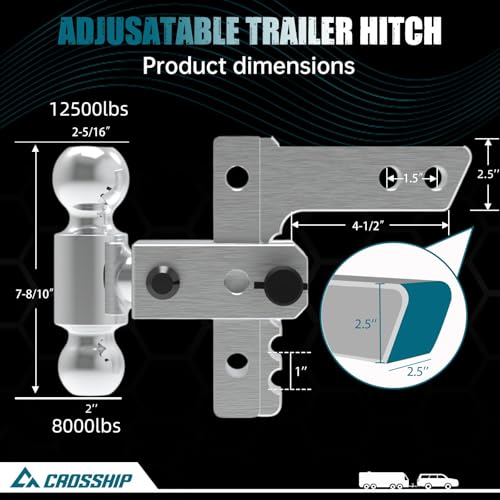 Adjustable Trailer Hitch - Heavy Duty Aluminum Drop Drawbar Hitch - Fits 2.5" Receiver, 6" Drop/Rise with 2" & 2-5/16" Solid Dual Balls 18,500 LBS GTW- for Truck, SUV, RV - color: Silver, size: 2.5" 6 Drop-Dual Ball