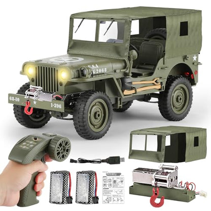 1/10 Scale RC Military SUV, Remote Control 4WD Off-Road Vehicle with Alloy Frame Chassis, with Winch and Capstan, Army Vehicle with Opening Hood and Folding Windshield, 2 Batteries, - color: Rc Car + Winch + Tarpaulin+2 Battery