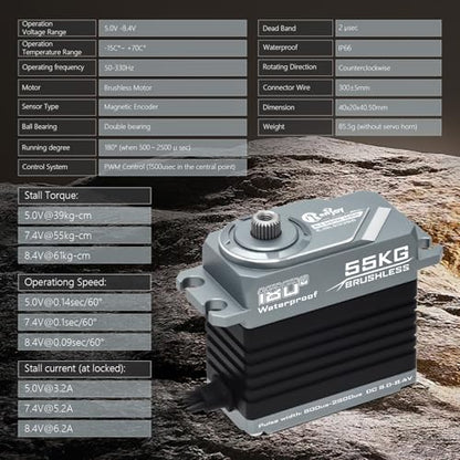 55KG Brushless Servo, Full Metal Servo Magnetic Encoder High Torque Servo with 25T Servo Horn for 1/12 1/10 RC Car RC Crawler Robot Boat