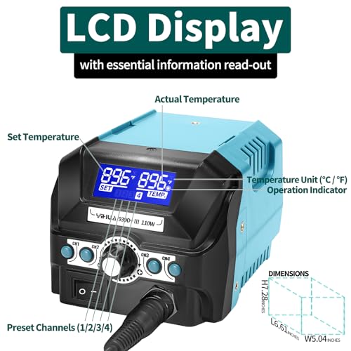 YIHUA 939D+ III EVO Digital Soldering Iron Station Kit 110W High Power with LCD display, 4 Memory Channels, Sleep Mode, Digital Calibration, Solder Wire, Helping Hands, Magnifier, 3 Soldering Tips - style: EVO Style 110W
