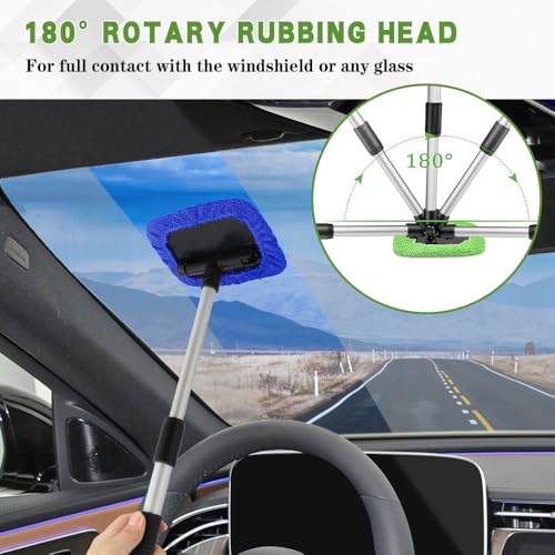 Windshield Cleaning Tool, Car Cleaning Window Tool, Car Window Cleaner with Unbreakable Extendable Handle and Microfiber Cloth, Scratch-Free Car Cleaning Brush for Auto Glass Wiper (Blue) - color: Blue