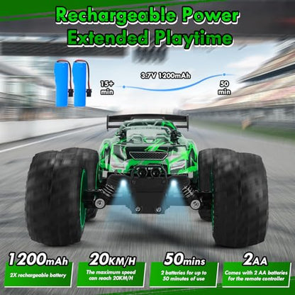 Remote Control Car, Rechargeable 1:18 Rc Cars, All-Terrain RC Truck | Remote Control Truck for Boys 4-7 8-12 with LED Light, 20KM/H, 2WD, 2.4GHz, Sturdy PVC Shell, Beginner-Green - color: Green