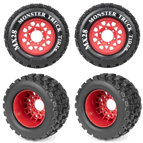 MX28 2.8" Tires and Wheels with 12mm/14mm Hex Upgrade Parts for 1/10 ARRMA Big Rock, Granite, VORTEKS 3S and Stampede, Rustler, Hoss RC Trucks 4pcs/Set(Red)
