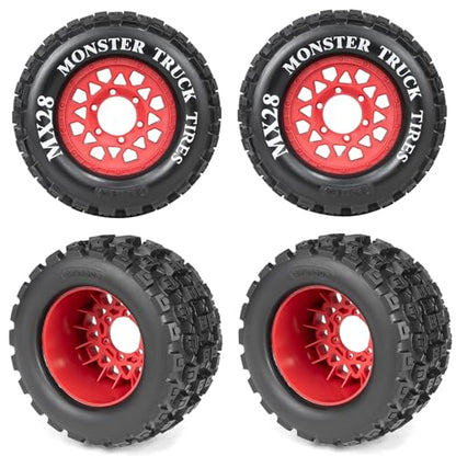MX28 2.8" Tires and Wheels with 12mm/14mm Hex Upgrade Parts for 1/10 ARRMA Big Rock, Granite, VORTEKS 3S and Stampede, Rustler, Hoss RC Trucks 4pcs/Set(Red)