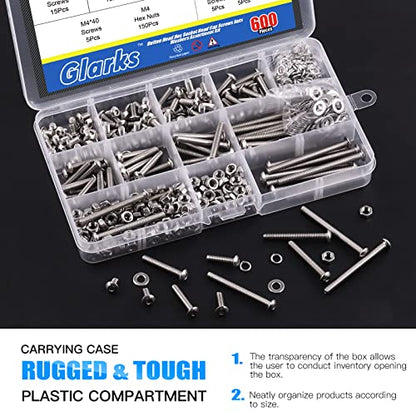 Glarks 601Pcs M4 Button Head Screws 304 Stainless Steel Hex Socket Cap Screws Bolts and Nuts Washers Assortment Kit with Hex Wrench for Machinery Furniture Car Repair - size: M4 screw assortment kit