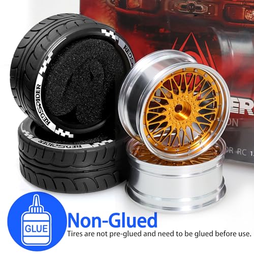 4PCS/Set 64mm Rubber Tires & Aluminum Alloy Wheels Rims Replacement Part for 1/10 RC On-Road Touring Car Racing Car (Gold) - color: Gold