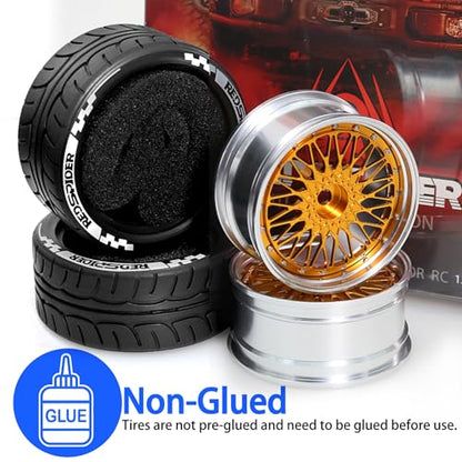 4PCS/Set 64mm Rubber Tires & Aluminum Alloy Wheels Rims Replacement Part for 1/10 RC On-Road Touring Car Racing Car (Gold) - color: Gold
