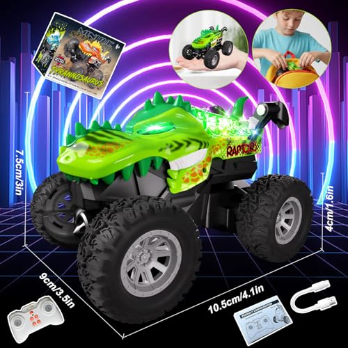 Monster Trucks Toys,2.4GHz Remote Control Car For Boys 4-7,Dinosaur Metal Shell & RGB Light,360° Spin & Walk Upright, With Built-In USB-C Rechargeable Battery,Christmas& Birthday Creativity Gifts.