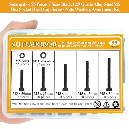 M5 Black Screws, Nuts & Washers Set - 95 Pieces, 12.9 Grade Alloy Steel, Fully Threaded, 30/35/40/45/50mm Hex Socket Head Cap Screws - size: M5 x 30-50mm, style: Socket Head
