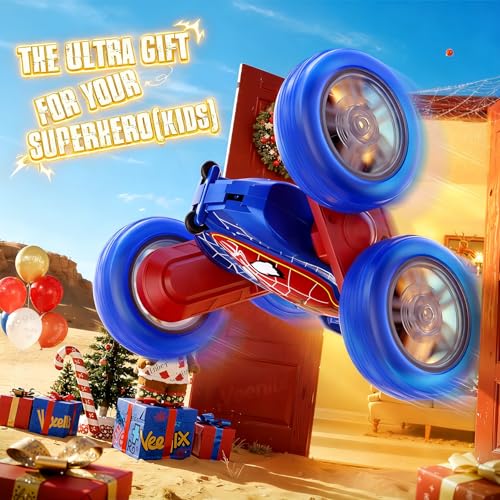 Veeniix Spider Remote Control Stunt Car 360 Flipping 4WD LED Light Blue | Dual batteries 60 mins play,color changing wheels,backyard racing,kids 8-12,rubber tires - color: Blue