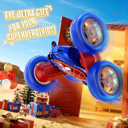 Veeniix Spider Remote Control Stunt Car 360 Flipping 4WD LED Light Blue | Dual batteries 60 mins play,color changing wheels,backyard racing,kids 8-12,rubber tires - color: Blue