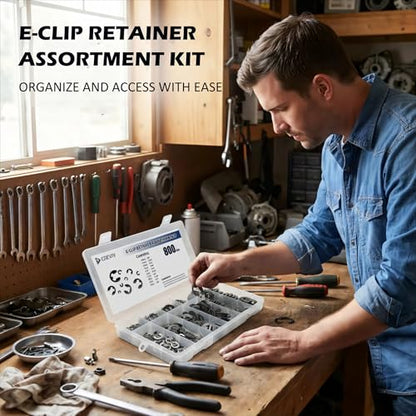 Retaining Rings E Clip Assortment Kit, 800 Pcs, 10-Sizes, INCH | Manganese Steel, Industrial Grade E-Rings, For Automotive, Machinery, Bicycle & DIY Projects