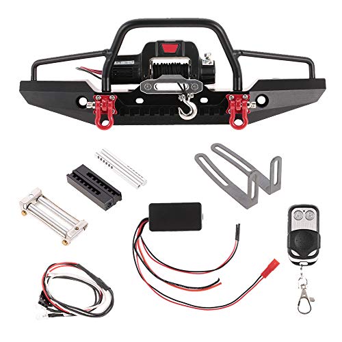 GoolRC Metal Front Bumper Kit with 2 LED Light & Remote Control Electric Winch Replacement for Traxxas TRX-4 SCX10II 90046