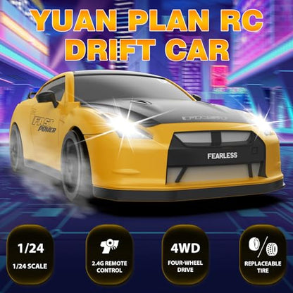 RC Drift Car 1/24 2.4GHz 4WD Remote Control Car, High Speed Drifting RC Cars with LED Lights and Drift Tires Racing Toy Cars for Kids Boys (Yellow) - color: C.yellow