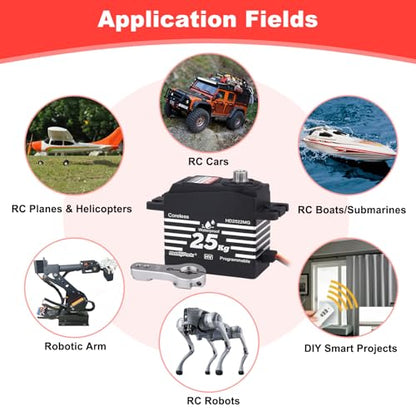 HobbyPark Waterproof 25KG RC Servo High Torque Coreless Motor Metal Gear Standard Digital Servo for 1/8 1/10 RC Cars Trucks Buggy Arduino Servo Robotic Control Angle 180 with Metal Servo Horn Arm