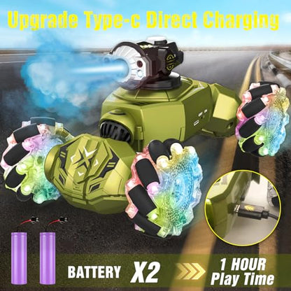Gesture Sensing Remote Control Car, RC Cars Toys for Boys Age 6-12, 4WD Hand Controlled Twist & Transform 360° Spins Stunt Car with Mist, Light & Music, 8-10 Year Old Boys Birthday Gift Green - color: Green