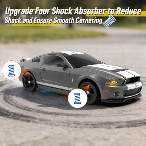 YONCHER RC Drift Car, Remote Control Car for Kids Ford Mustang Shelby GT500 Officially Licensed, 1:24 20KM/H 4WD RC Cars with Lights, Fast Racing Toy Car for Boys Girls, Gray - color: Gt500 Gray