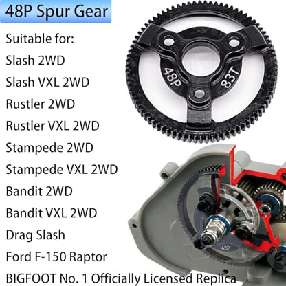 RC 48P 83T Spur Gear Hardened Steel Spur Gear Upgrades Part for Traxxas 1/10 Slash Stampede Rustler Bandit 2WD VXL XL-5 F-150 SVT, (83T) - size: 48P-Spur Gear-83T