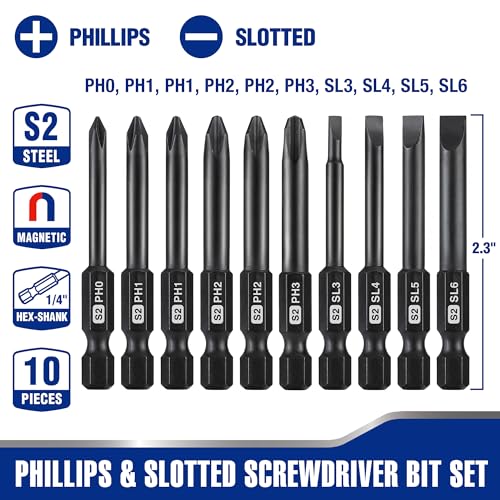 WORKPRO 10PCS Slotted Phillips Screwdriver Bit Set, Magnetic 1/4" Hex Shank | S2 Steel, Impact Driver Bits, Storage Box, CNC Precision Machining, Heat Treated - color: Phillips&slotted