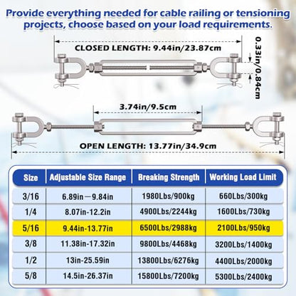 5/16 Turnbuckle Heavy Duty 304 Stainless Steel Turnbuckle Tensioner, 2100 lbs Working Load Limit, Jaw and Jaw Turnbuckles for Cables Wire Shade Sail Deck Ground Anchor (4PCS) - size: 5/16"(M8)-4PCS