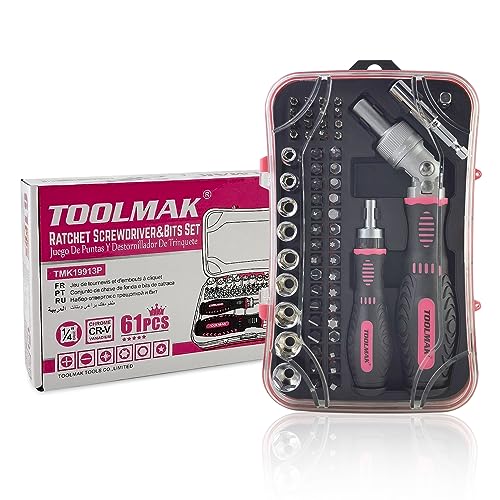 Ratcheting Screwdriver Set, 61pcs Socket & Precision Bit Set | Cr-V Steel, Rotatable Ratchet Handle & Storage Case, Ideal for Bikes, Electronics, Watches & Glasses - style: 61pcs Pink Ratchet Screwdriver