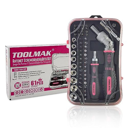 Ratcheting Screwdriver Set, 61pcs Socket & Precision Bit Set | Cr-V Steel, Rotatable Ratchet Handle & Storage Case, Ideal for Bikes, Electronics, Watches & Glasses - style: 61pcs Pink Ratchet Screwdriver