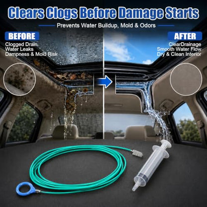 Car Sunroof Drain Cleaning Tool Kit, 118 Inch Flexible Tube Cleaning Brush with Syringe Hose, Vehicle Windshield and Trunk Wiper Hole Unclogger Accessories (Green)