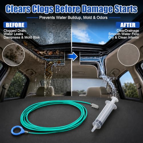 Car Sunroof Drain Cleaning Tool Kit, 118 Inch Flexible Tube Cleaning Brush with Syringe Hose, Vehicle Windshield and Trunk Wiper Hole Unclogger Accessories (Green)