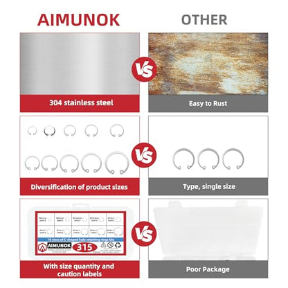 Internal Snap Ring Kit, Metric E-Clip Assortment 315Pcs for Shaft Size M8 M10 M12 M14 M16 M18 M20 | 304 Stainless Steel Retaining Circlips for Grooved Shafts & Studs | AIMUNOK - size: 315pcs-Internal ring (304SS)